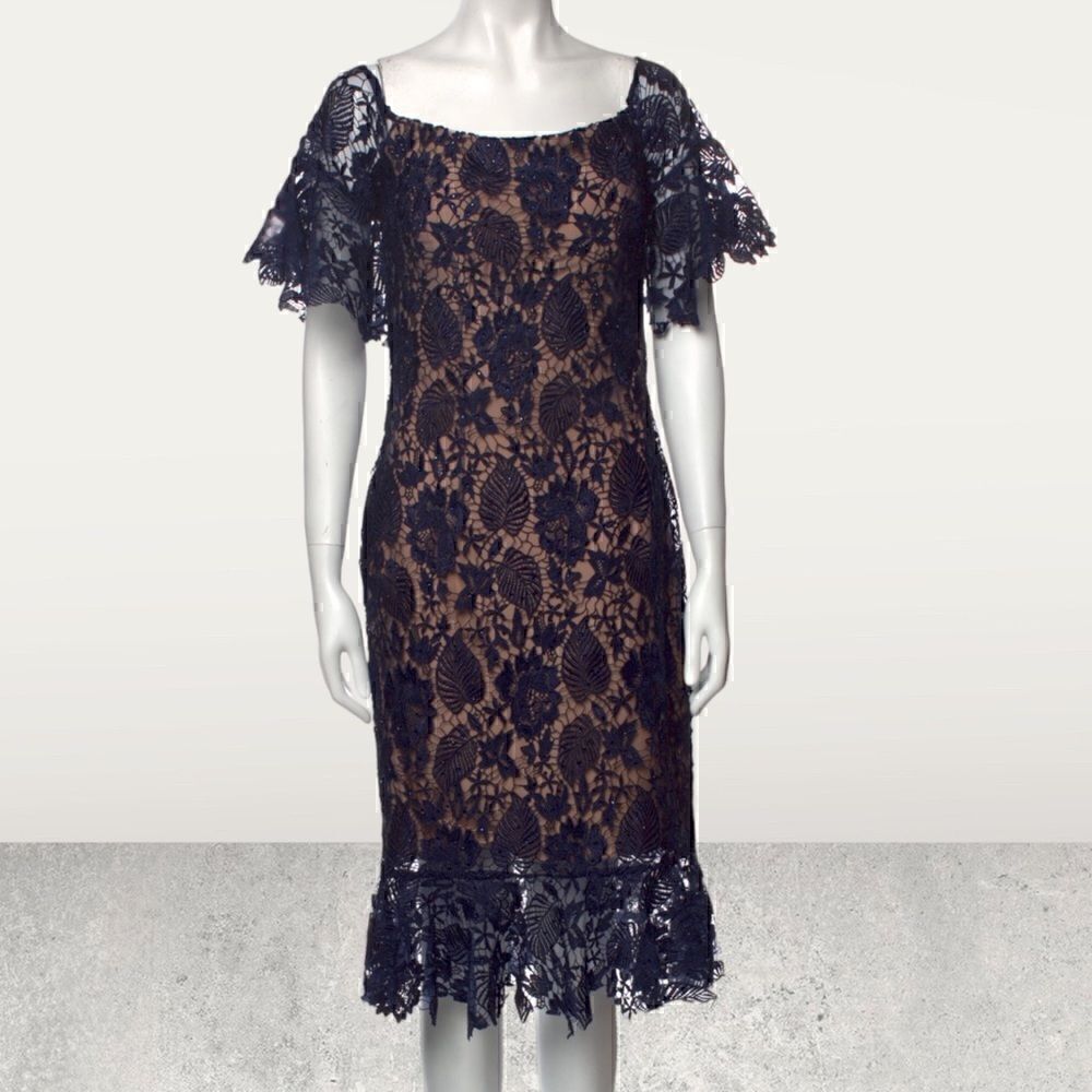 Jovani Off Shoulder Blue Lace MIDI Dress